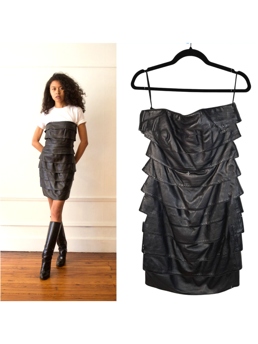 Neiman Marcus 8 Vakko $595 LEATHER Tiered Strapless Dress Knee Length Black